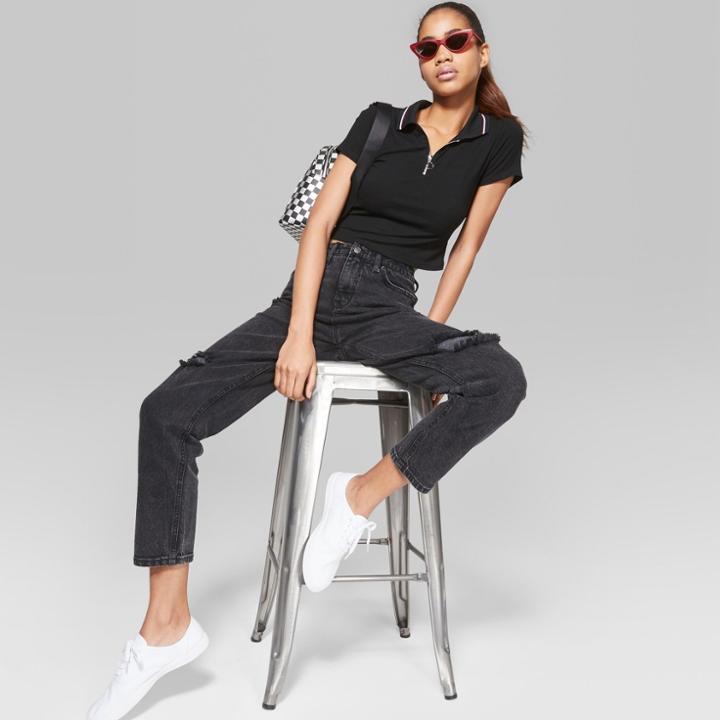 Women's Straight High-rise Destructed Mom Jeans - Wild Fable Black Wash
