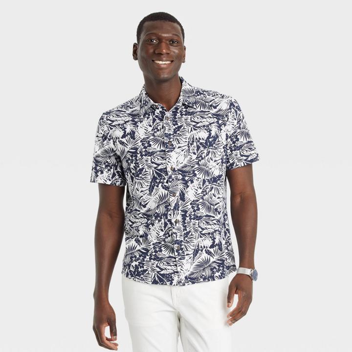 Men's Floral Print Standard Fit Short Sleeve Button-down Shirt - Goodfellow & Co Dark Blue/floral
