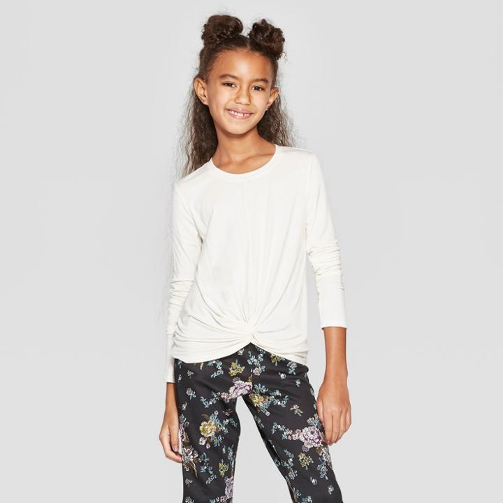 Girls' Long Sleeve Tie Knot Front Tank Top - Art Class Cream