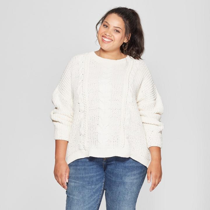 Women's Plus Size Chenille Cable Pullover Sweater - Universal Thread Cream (ivory)