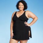 Women's Plus Size Plunge Side Slit Swim Dress - Aqua Green Black