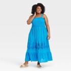 Women's Plus Size Sleeveless Smocked Embroidered Dress - Knox Rose Blue