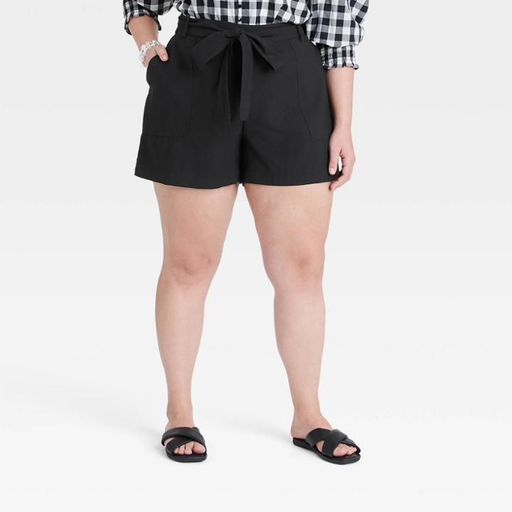 Women's Plus Size High-rise Tie Waist Shorts - A New Day Black