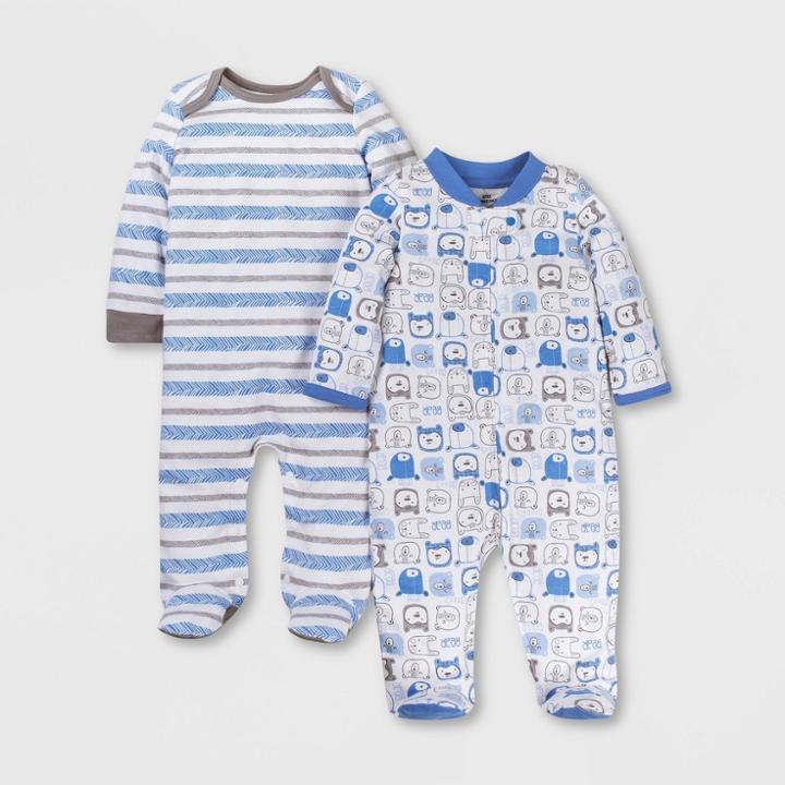 Lamaze Baby Boys' Organic Cotton 2pk Striped Bear Print Sleep N' Play - Blue/white