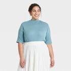 Women's Plus Size Elbow Sleeve Mock Turtleneck T-shirt - A New Day Blue