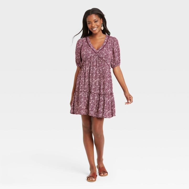 Women's Short Sleeve Tiered Dress - Knox Rose Purple Floral