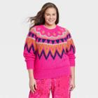 Women's Plus Size Crewneck Sweater - A New Day Pink Fair Isle