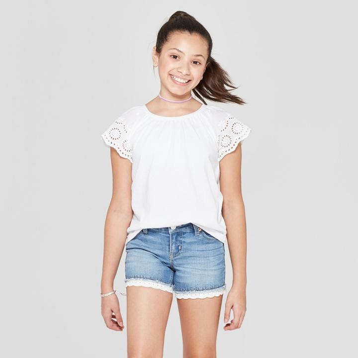 Girls' Short Sleeve Eyelet Sleeve T-shirt - Cat & Jack White
