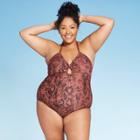 Women's Plus Size Keyhole Halter One Piece Swimsuit - Kona Sol Snake Skin 14w, Women's, Red