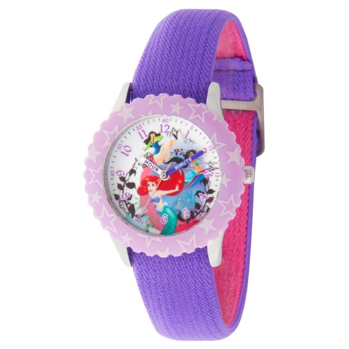 Girls' Disney Princess Mulan, Ariel And Jasmine Stainless Steel Time Teacher Watch - Purple