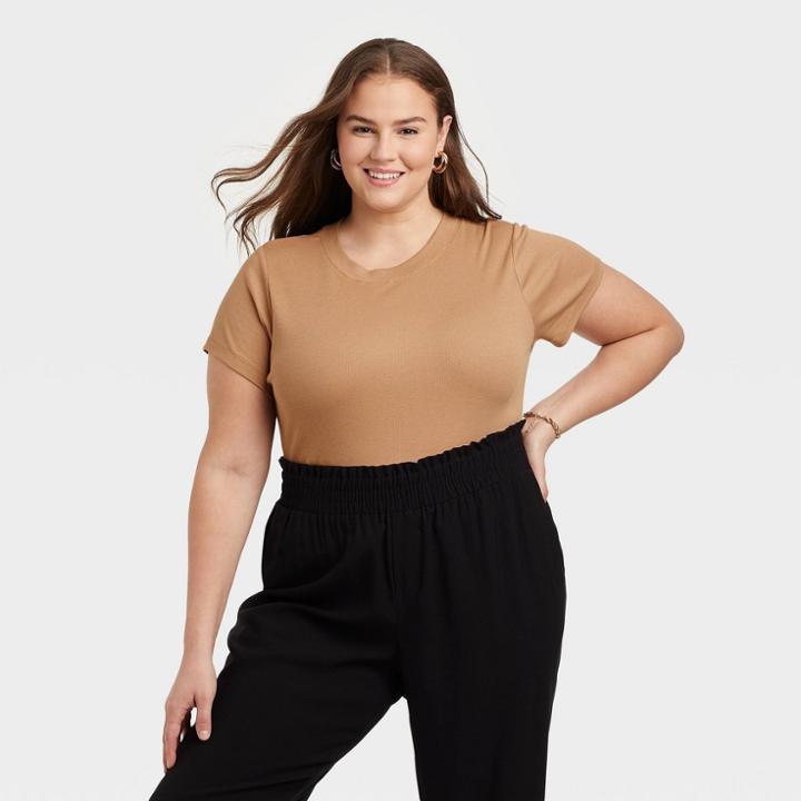 Women's Plus Size Short Sleeve Ribbed T-shirt - A New Day Tan