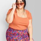 Women's Short Sleeve Rib Fitted Square Neck Baby T-shirt - Wild Fable Rust