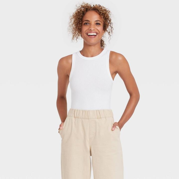 Women's Ribbed Crewneck Tank Bodysuit - A New Day White