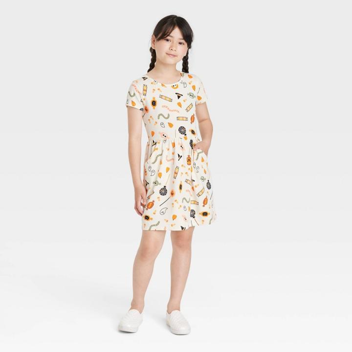 Girls' Halloween Printed Short Sleeve Dress - Cat & Jack Cream