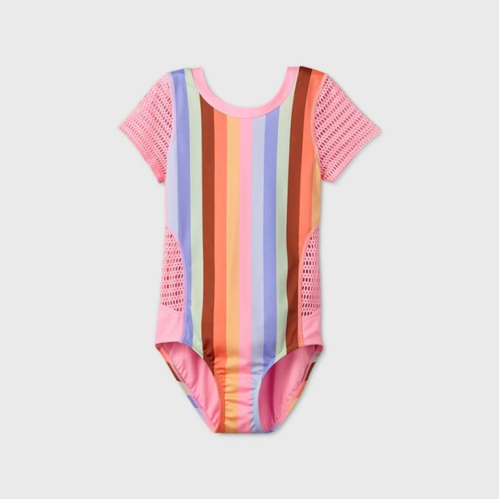 Girls' Short Sleeve Venice Fun One Piece Swimsuit - Art Class Pink