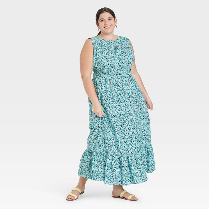 Women's Plus Size Floral Print Sleeveless Smocked Waist Dress - A New Day Blue