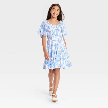 Girls' Flutter Short Sleeve Smocked Dress - Art Class Blue/white Floral