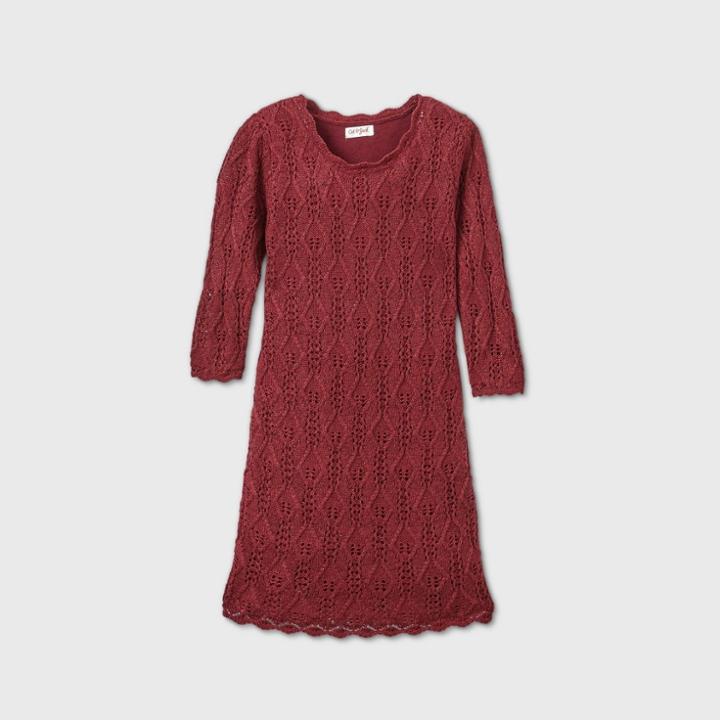 Girls' 3/4 Sleeve Shine Crochet Sweater Dress - Cat & Jack Burgundy