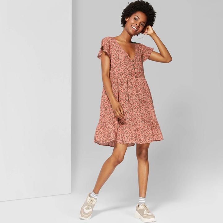 Women's Floral Print Short Sleeve V-neck Button Front A Line Mini Dress - Wild Fable Honey Peach