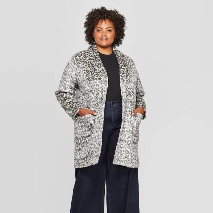Women's Plus Size Animal Print Long Sleeve Open Layering Textured Coatigan - A New Day Gray/white