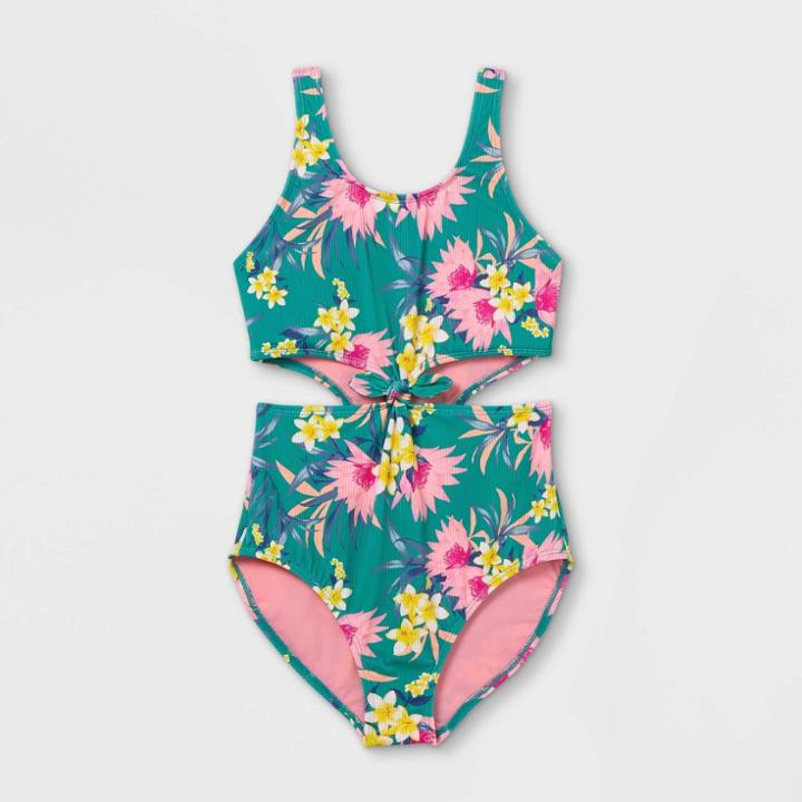 Girls' Floral Print Ribbed Tie-front One Piece Swimsuit - Art Class Green