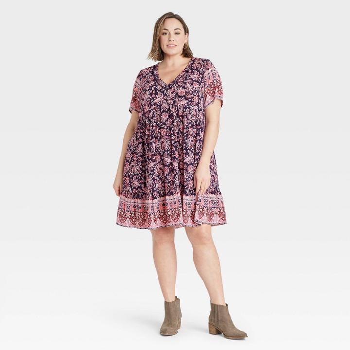 Women's Plus Size Floral Print Short Sleeve Dress - Knox Rose Navy