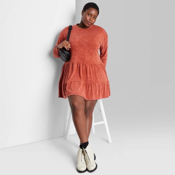 Women's Plus Size Mineral Wash Long Sleeve Sweatshirt Dress - Wild Fable Rust