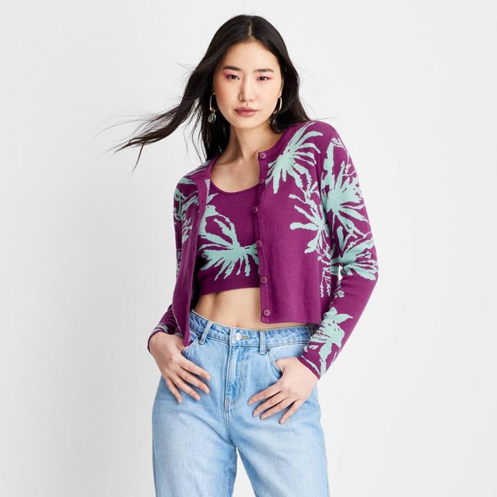 Women's Palm Print Long Sleeve Button-front Cardigan - Future Collective With Gabriella Karefa-johnson Plum Purple/blue Xxs