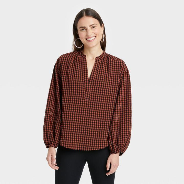 Women's Balloon Long Sleeve Popover Blouse - A New Day Dark Orange Gingham Check