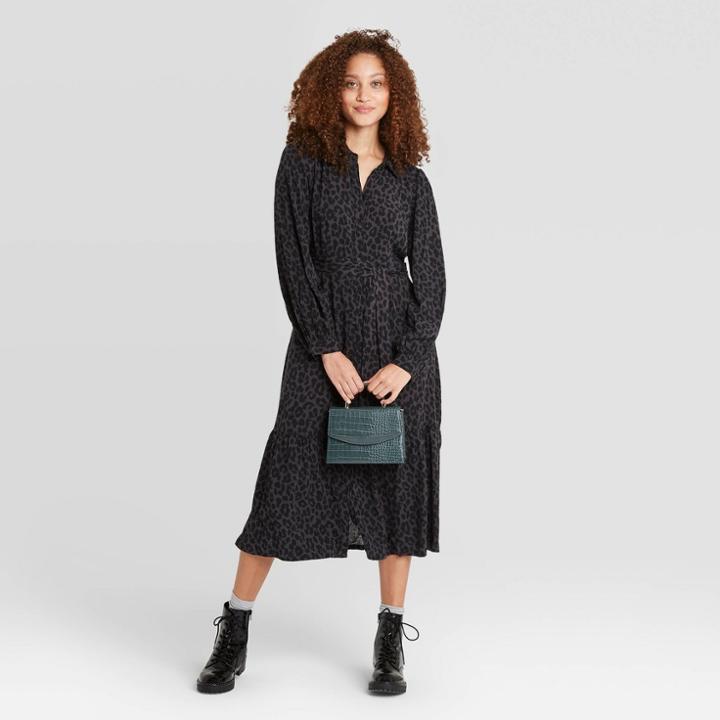 Women's Leopard Print Long Sleeve Tie Waist Shirtdress- A New Day Black