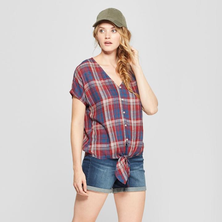 Women's Plaid Short Sleeve Tie Front - Universal Thread Blue