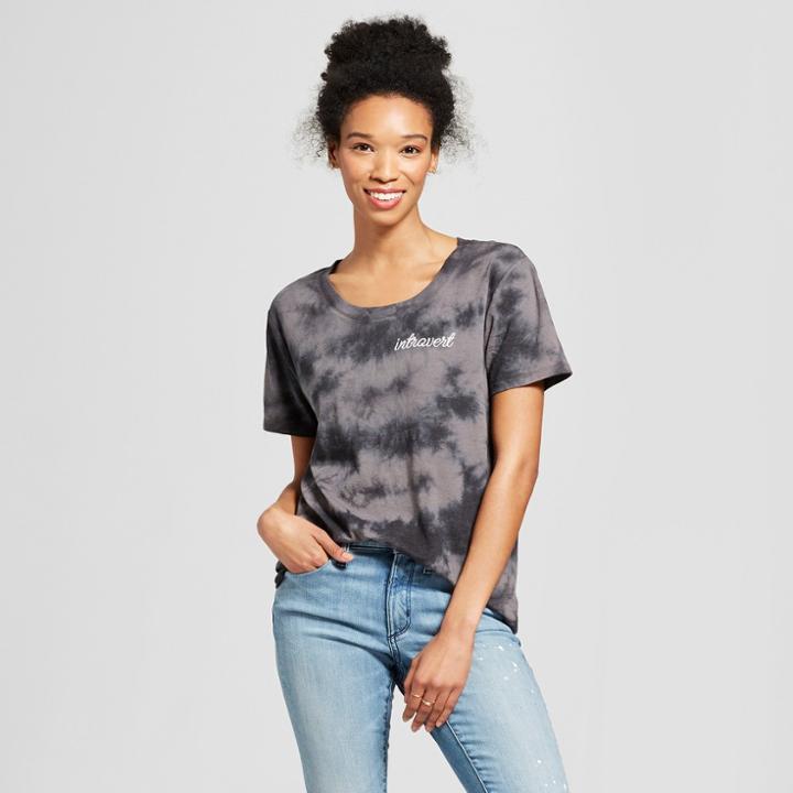 Women's Short Sleeve Introvert Embroidered Drapey Graphic T-shirt - Fifth Sun (juniors') Black