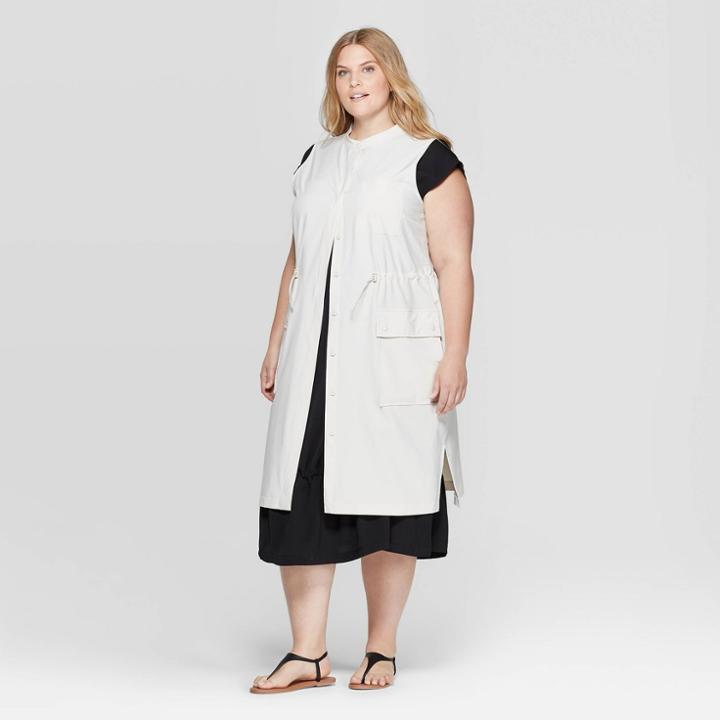 Women's Plus Size Sleeveless Crewneck Longline Utility Vest - Prologue Cream