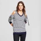 Women's Striped Long Sleeve Cold Shoulder Striped Top With Ties - Alison Andrews Gray/navy