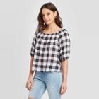 Women's Plaid Bubble 3/4 Sleeve Round Neck Top - Universal Thread Blue