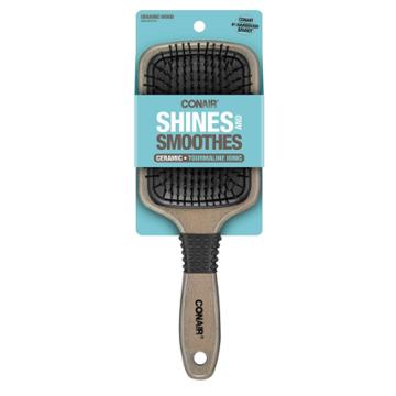 Conair Shines And Smoothes Ceramic Wood Paddle Hairbrush, Brown