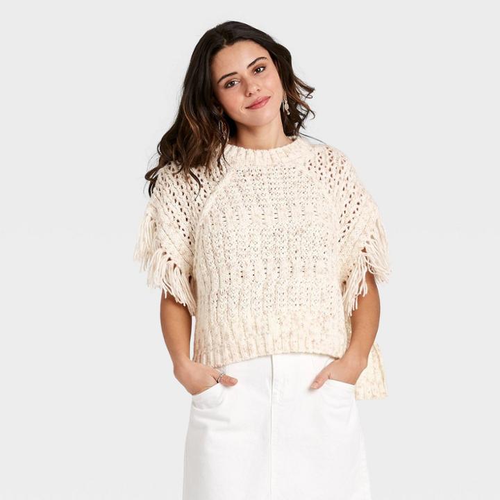 Women's Plus Knit Poncho - Universal Thread Heather Cream One Size, Ivory/grey