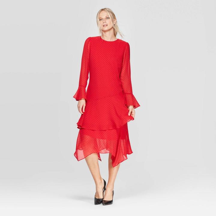 Women's Polka Dot Long Sleeve Boat Neck Tiered Ruffle Hem A Line Midi Dress - Who What Wear Red