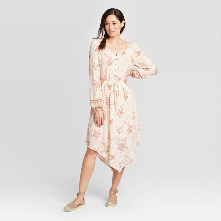 Women's Floral Print Long Sleeve Midi Dress - Knox Rose Cream Xs, Women's, Pink