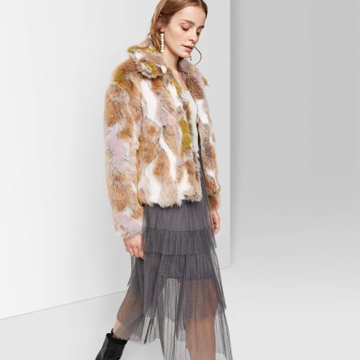 Women's Long Sleeve Faux Fur Jacket - Wild Fable White/green/brown Xs, Women's,