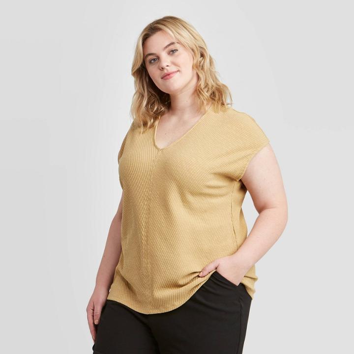Women's Plus Size Short Sleeve V-neck Ribbed Top - Ava & Viv Brown X, Women's