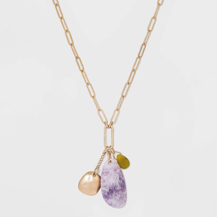 Semi-precious Lemon Green Agate And Lepidolite Worn Gold Necklace - Universal Thread