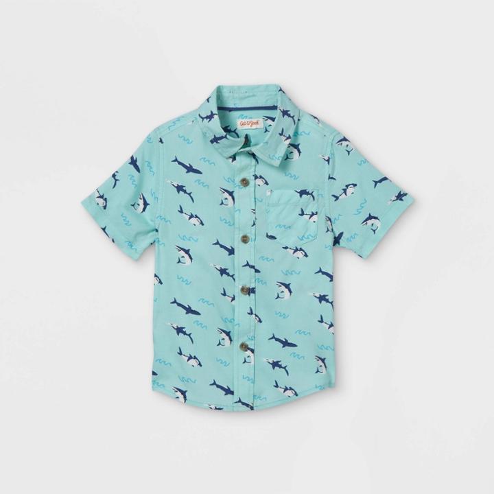 Toddler Boys' Shark Print Challis Woven Short Sleeve Button-down Shirt - Cat & Jack Blue