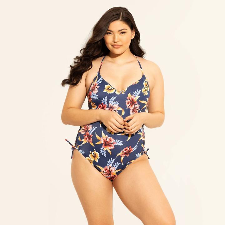 Women's Slimming Control Lace-up One Piece Swimsuits - Beach Betty By Miracle Brands Navy Floral