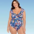 Women's Plus Size Slimming Control Cap Sleeve Cut Out One Piece Swimsuit - Beach Betty By Miracle Brands Blue Floral