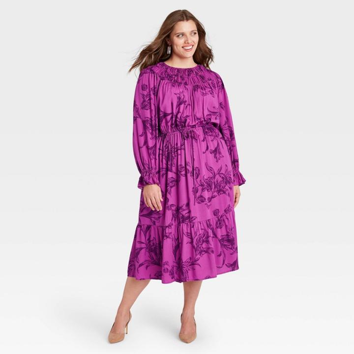 Women's Plus Size Floral Print Long Sleeve Dress - A New Day Purple
