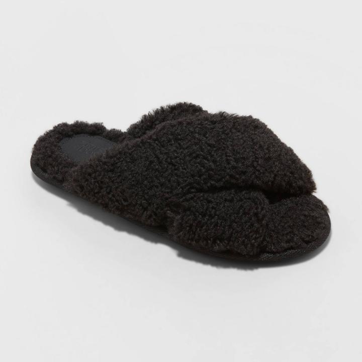Women's Paris Crossband Faux Shearling Slippers - Stars Above Black
