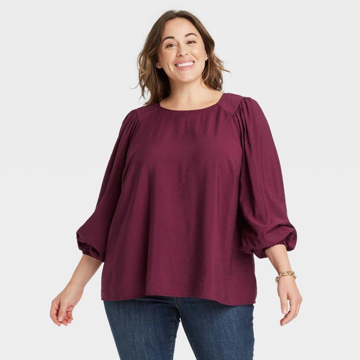 Women's Plus Size Crewneck Balloon Long Sleeve Flannel Blouse - Ava & Viv Burgundy