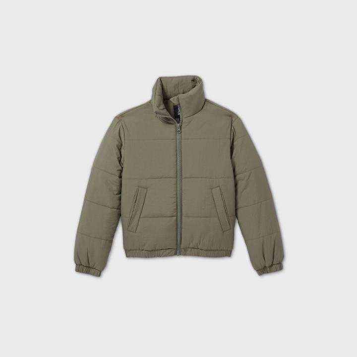 Girls' Cropped Puffer Jacket - Art Class Olive