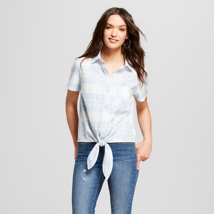 Women's Plaid Short Sleeve Tie Front Button-down - Universal Thread Blue